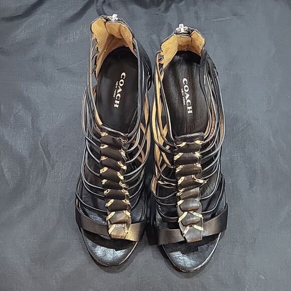 COACH JOSEY WOMEN'S BLACK LEATHER SNAKE HIGH HEELS OPEN TOE SHOES - Picture 3 of 16